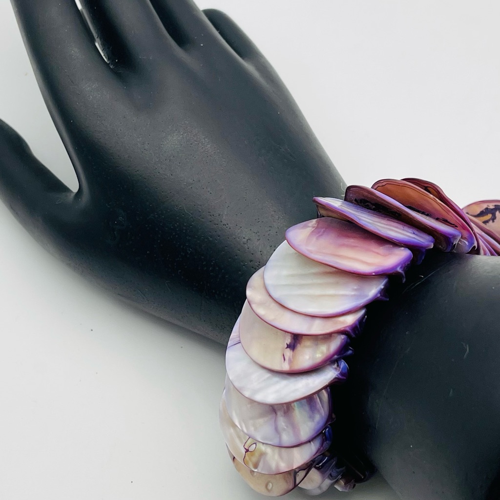 Vintage Purple Dyed Abalone Shell Disc Stretch Statement Bracelet Summer Vibe